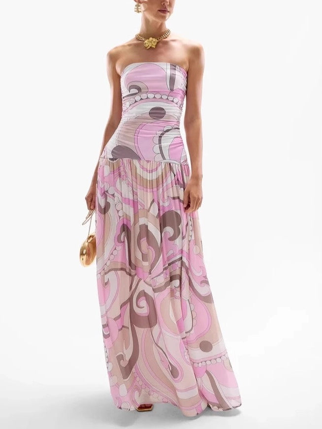 Vestido Largo de Cintura Caída con Estampado Vintage