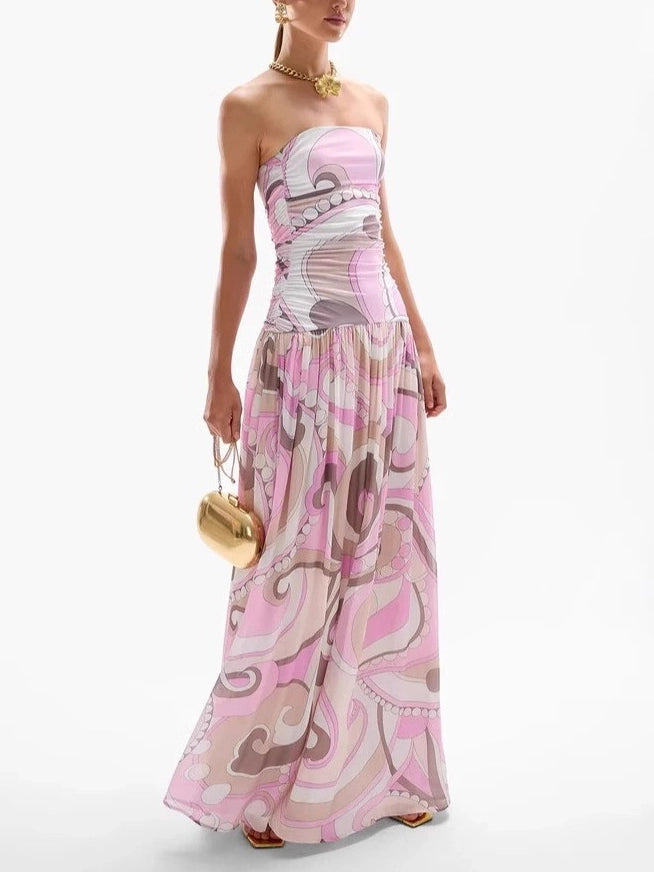 Vestido Largo de Cintura Caída con Estampado Vintage
