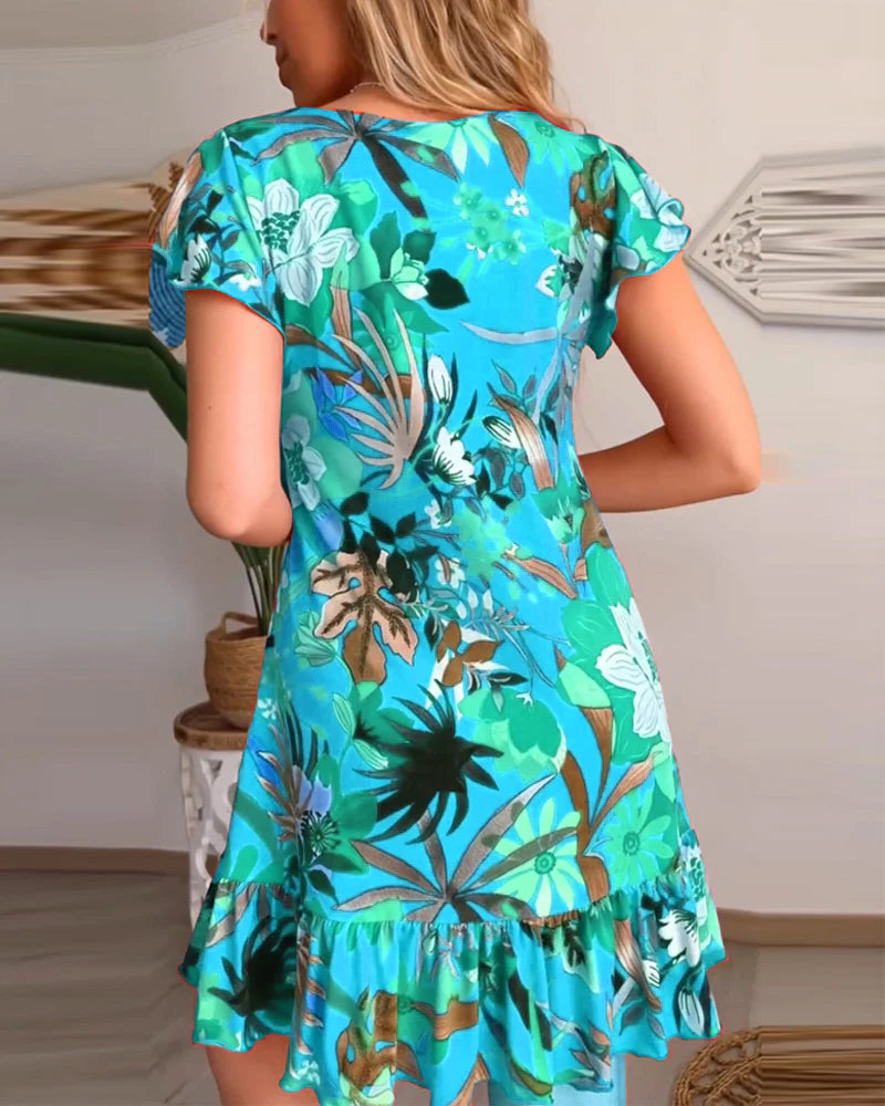 Vestido Floral Con Cuello en V y Volantes
