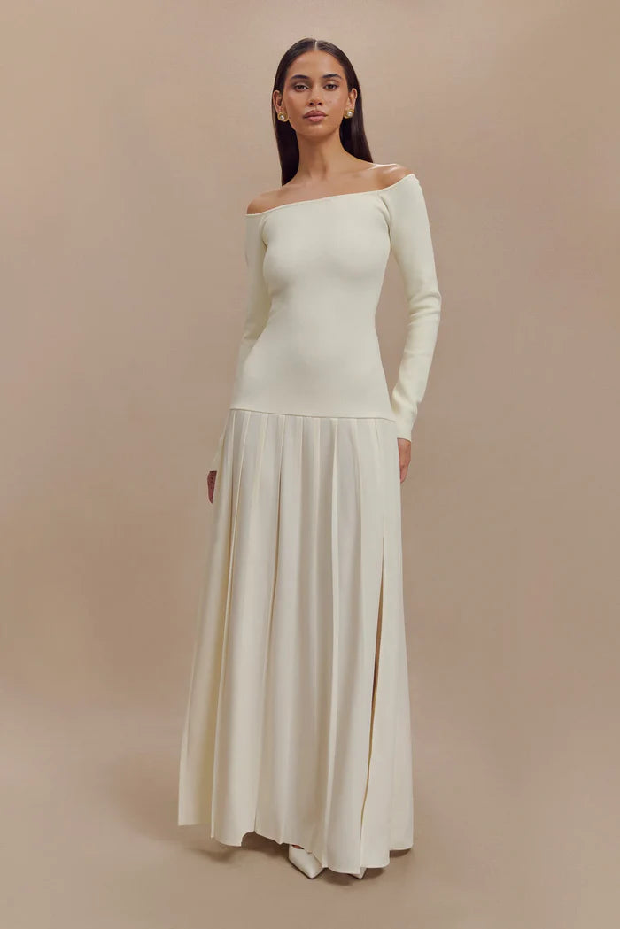 Vestido Maxi de Punto con Hombros Caídos - Marfil