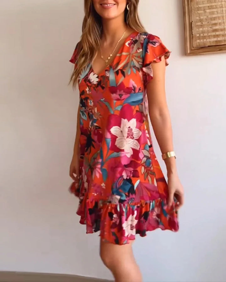 Vestido Floral Con Cuello en V y Volantes