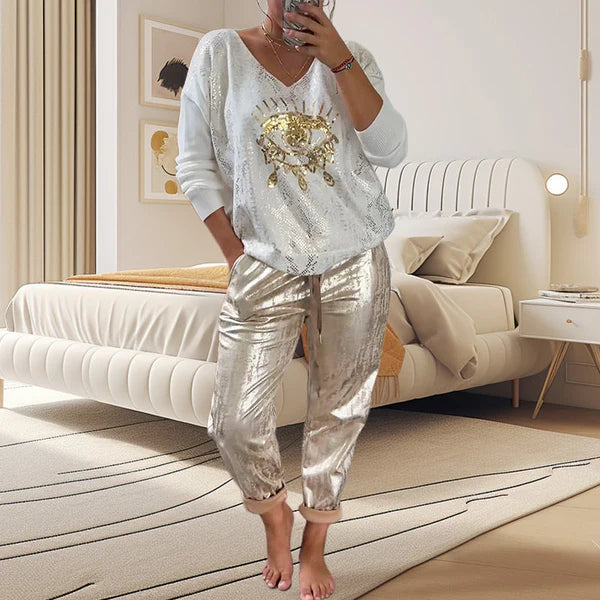 Conjunto - Top con Ojo Dorado y Pantalón de Lentejuelas