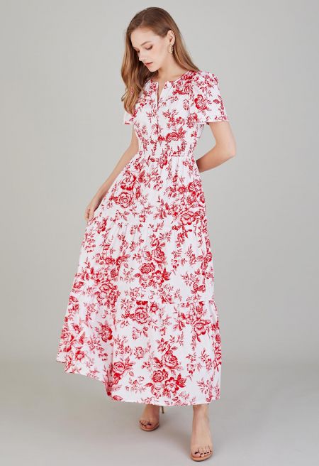 Vestido maxi estampado con flores rojas
