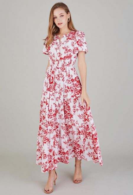 Vestido maxi estampado con flores rojas