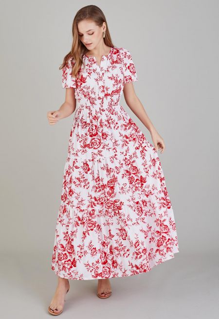 Vestido maxi estampado con flores rojas