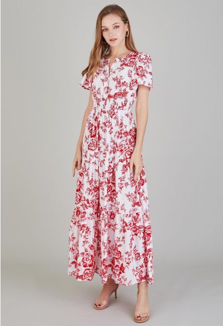 Vestido maxi estampado con flores rojas