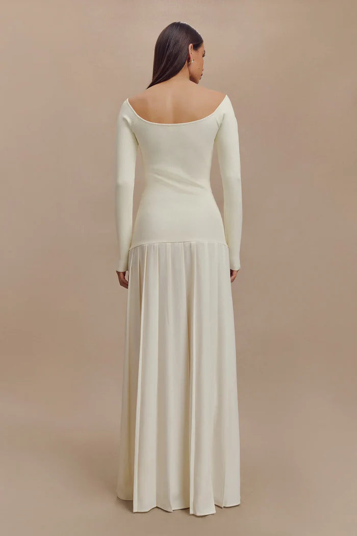 Vestido Maxi de Punto con Hombros Caídos - Marfil