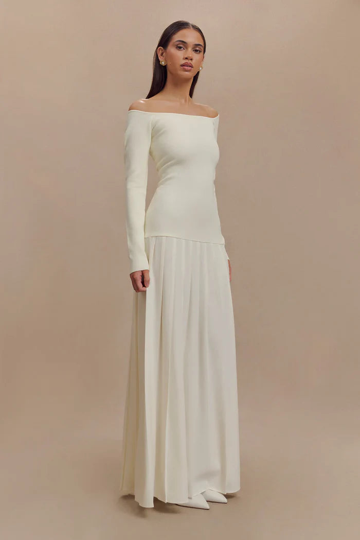 Vestido Maxi de Punto con Hombros Caídos - Marfil