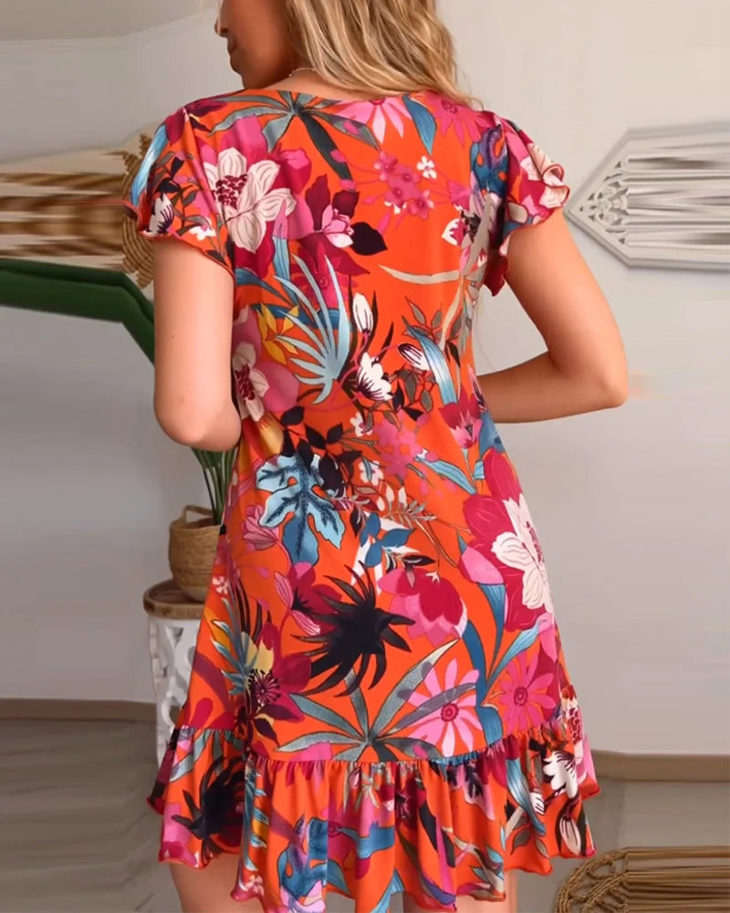 Vestido Floral Con Cuello en V y Volantes