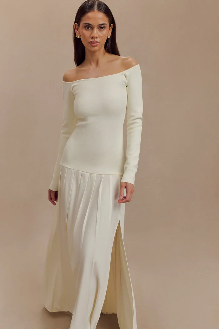 Vestido Maxi de Punto con Hombros Caídos - Marfil