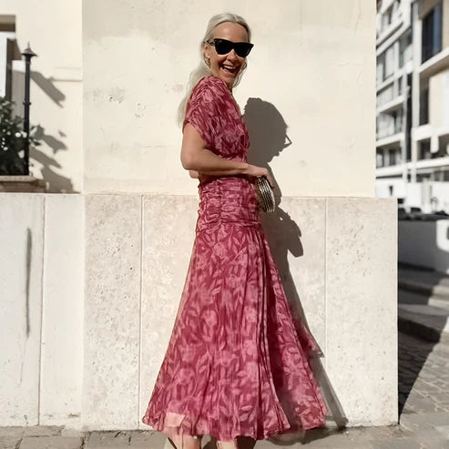 Vestido Estampado con Escote en V y Hombros al Aire