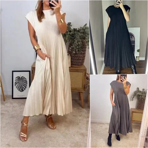 Vestido Suelto Plisado en Tono Liso – Elegancia Sencilla