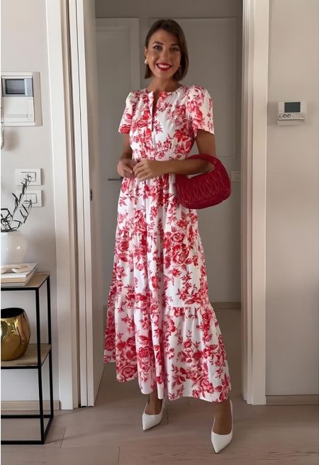 Vestido maxi estampado con flores rojas